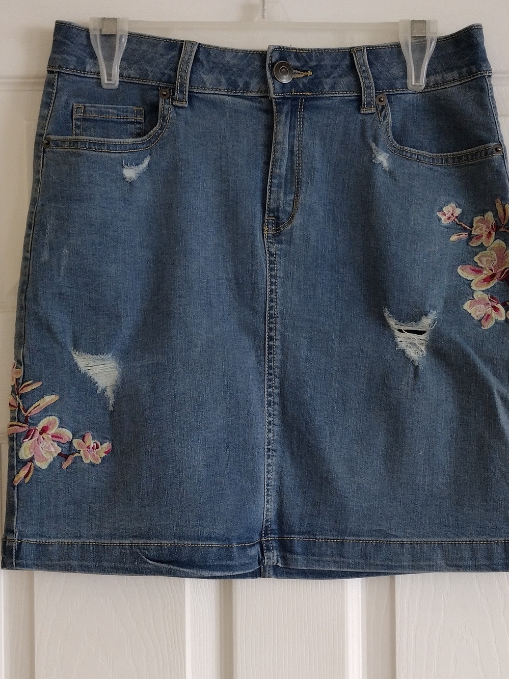 Denim Floral Embroidered Women's Skirt - Blue
